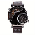 Unique Double Time Zone Men's Sports Quartz Watch with PU Leather Strap